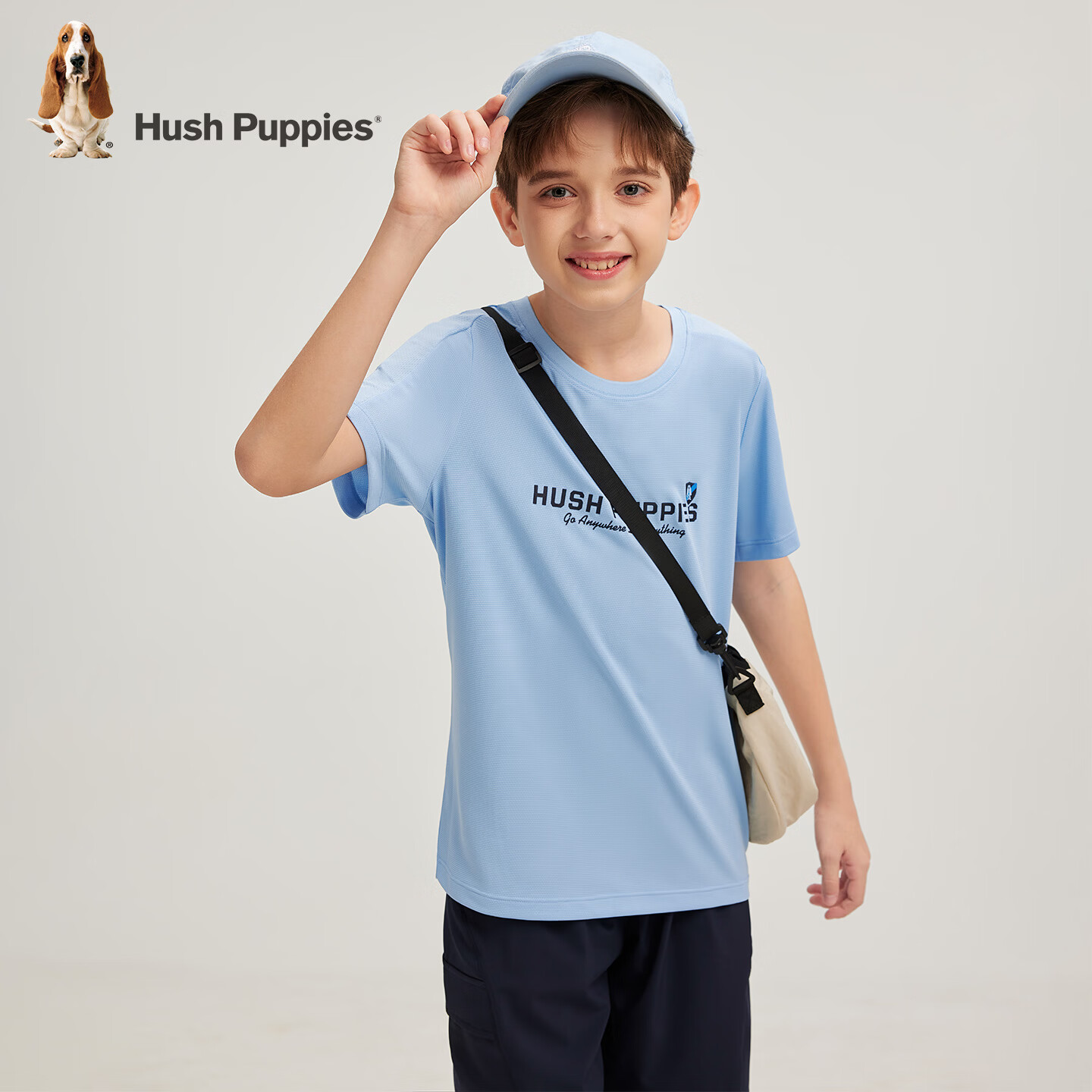 暇步士(Hush Puppies)童装儿童男女童2026春夏新款休闲简约舒适帅气吸湿速干圆领衫T恤 雨釉蓝 160 cm