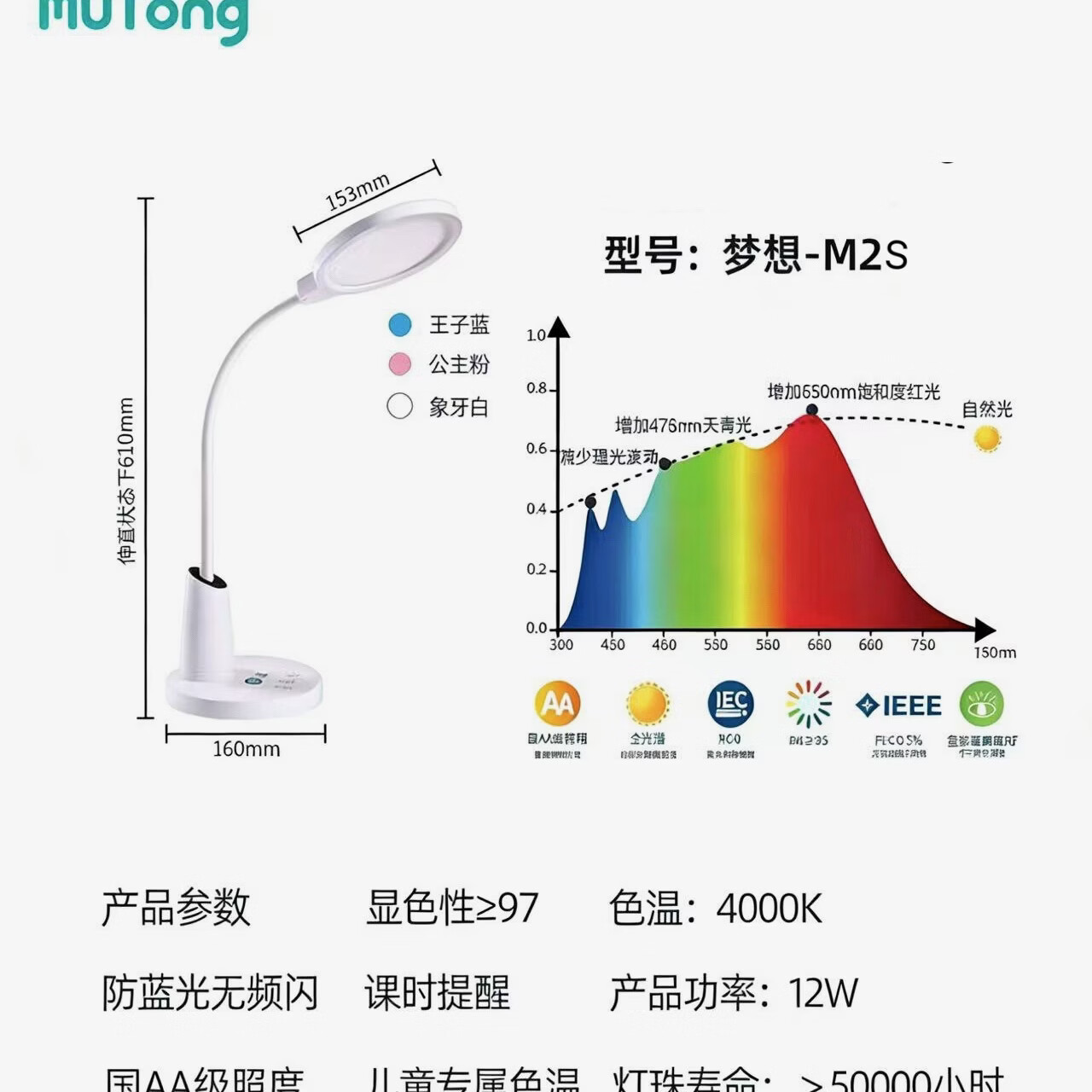 目瞳目曈M2全光谱护眼台灯国AA级防蓝光无频闪儿童学生学习阅读专用灯