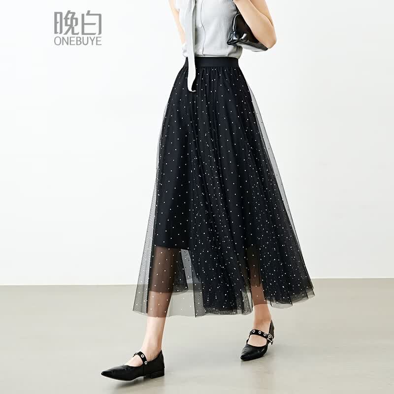 晚白复古波点网纱半裙2026春款港风层次感飘逸透气大摆a字半身裙 黑色 XL