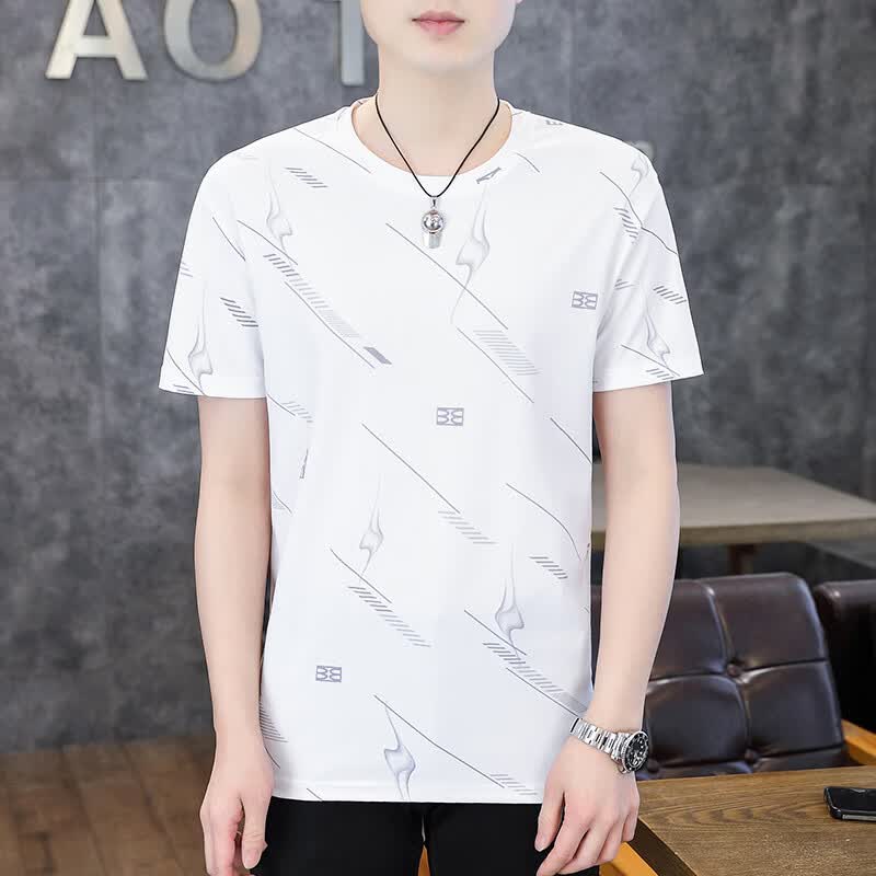 轩程夏季新款冰丝短袖t恤男士薄款速干透气潮流圆领印花青年休闲上衣 5909T白色 L 115-135斤