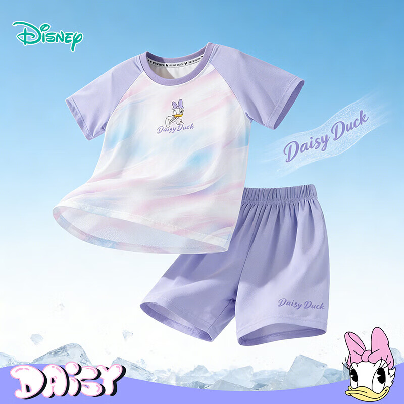 迪士尼（Disney）女童凉感透气渐变休闲运动套装短袖短裤两件套户外棒球儿童套装 渐变紫 160 (建议12-14岁身高150-160cm)