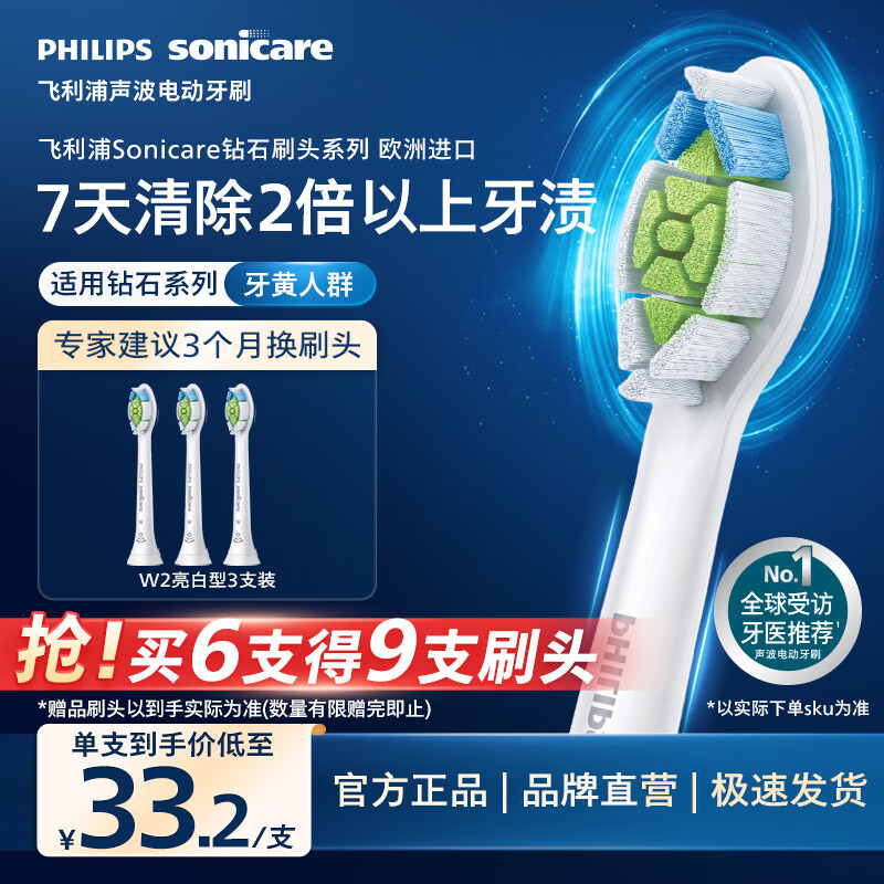 飞利浦（PHILIPS）电动牙刷头官方原装适配钻石3/7/9系列刷柄 亮白 欧洲进口 3支装HX6063/67 白色