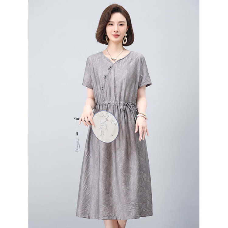 花花公子（PLAYBOY）新中式天丝亚麻A字连衣裙2026夏装妈妈中长款 杏色 【版】 2XL