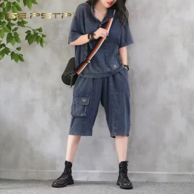 夏典素订女王(SE.PSTP)大码女装夏季牛仔套装宽松显瘦短袖减龄MM六分舒适通勤两件装潮流 蓝色套装 L 建议(120-140斤