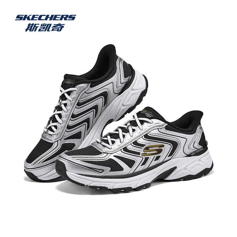 斯凯奇（Skechers）银翼鞋丨老爹鞋男款复古跑鞋增高闪穿运动 男-黑银B&S/SLBK 42