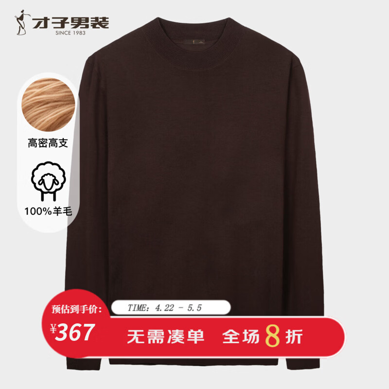 才子（TRIES）100%纯羊毛男士毛衣男秋冬圆领修身毛衫不易起球保暖针织打底衫 咖啡色 M 46 (165/84A)