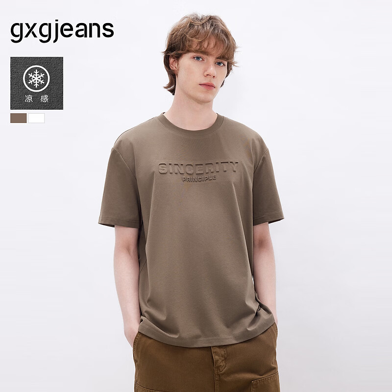 gxgjeans男装 凉感多色简约立体压印字母宽松圆领短袖T恤 26夏新品 复古棕 L (175) 京东折扣/优惠券