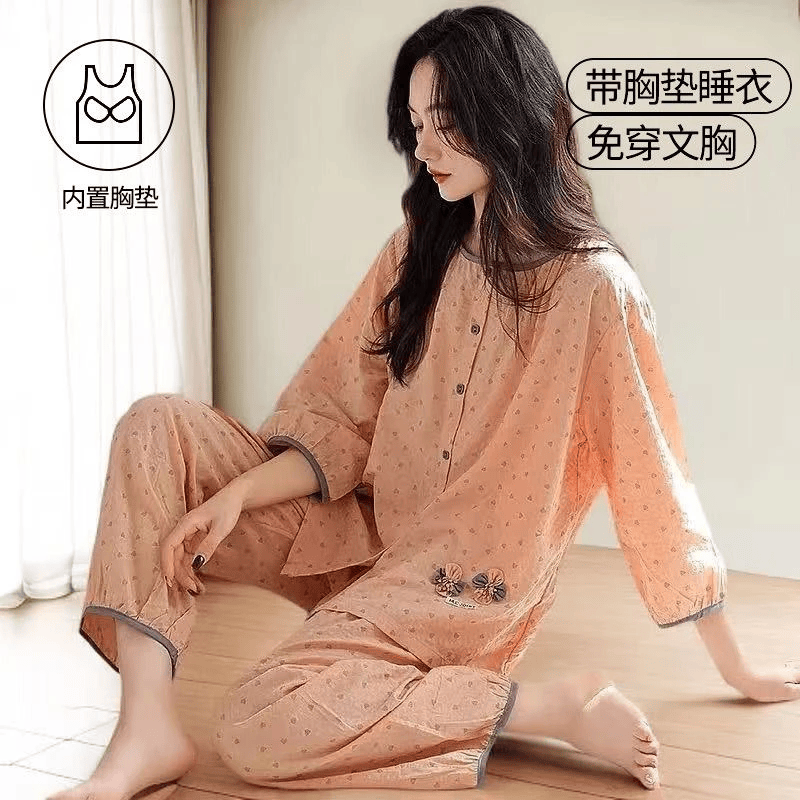 【商场品质】夏季七分袖睡衣套装女款可外穿家居服大码免穿内衣 【自带胸垫】橙云 L 【建议90-110斤】