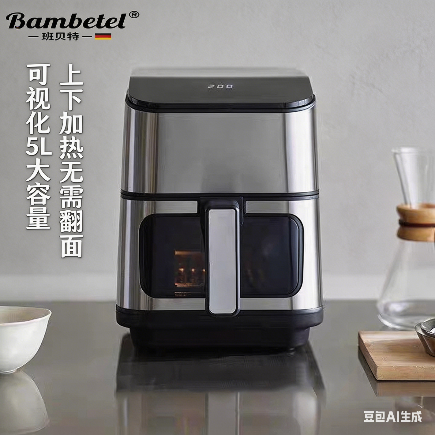 班贝特（BAMBETEL）德国品牌空气炸锅家用大容量电炸锅免翻面可视化设计电蒸锅多功能家电电器炸锅蒸烤箱小电器  岩黑色-智能（可视免翻面）上层+下层立体加热 5L