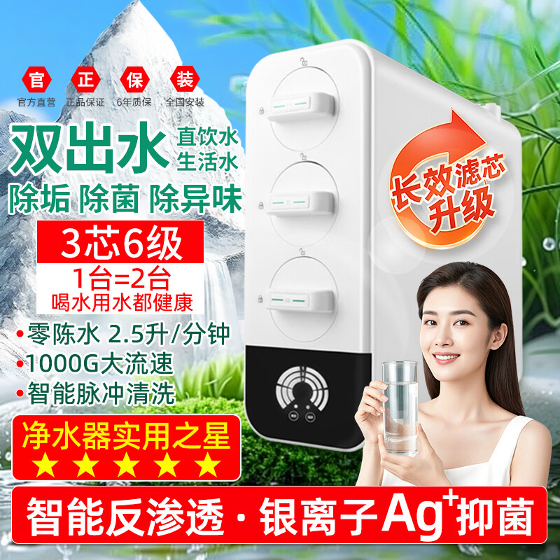 乐喝26新款净水器双出水RO反渗透直饮机家用纯水机厨房自来水过滤净水机壁挂管线机前置过滤器三件套装 G=双出水净水器+备用滤芯1套