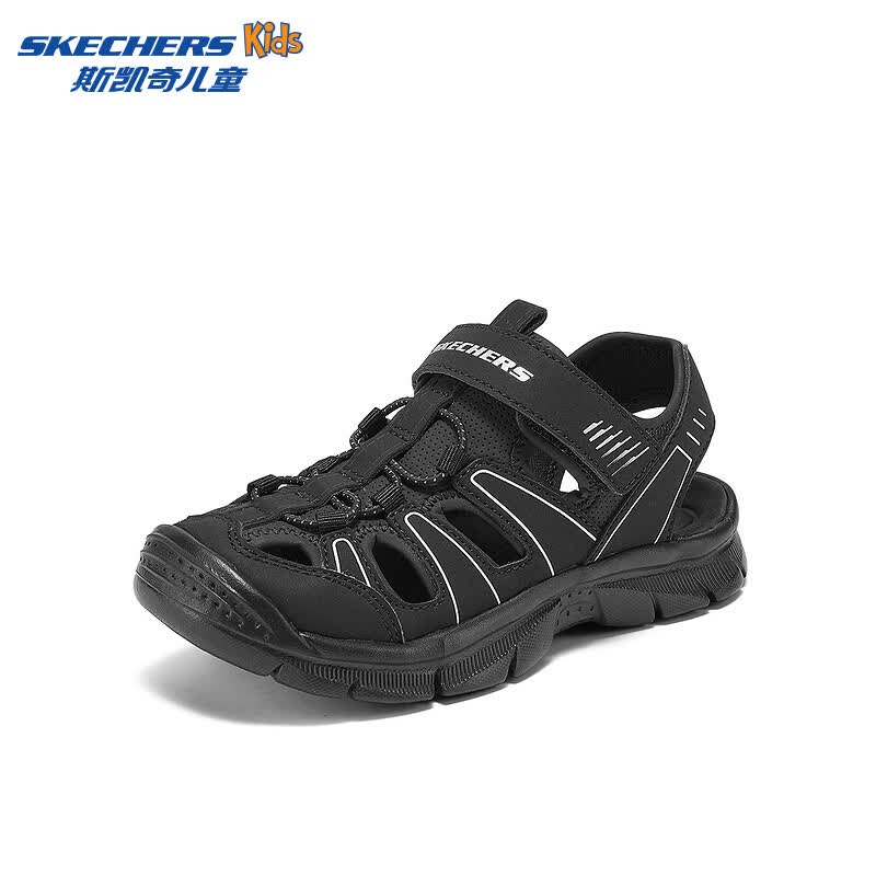 Skechers斯凯奇奥莱儿童夏季男女童包头凉鞋大童沙滩男孩鞋子406520L 男童/黑色/银色/BKSL 35