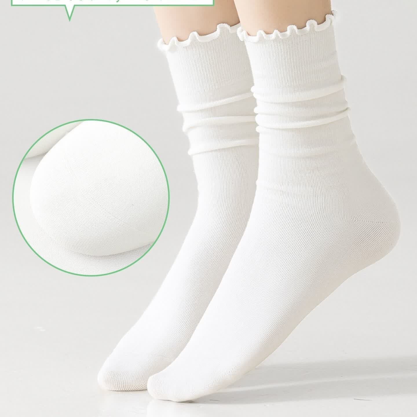 港风纯色棉花边袜子女夏季薄款中筒袜2026新款棉抗菌白色堆堆长袜 三色随机 [请亲备注 3双 均码 35-39【花边堆堆】