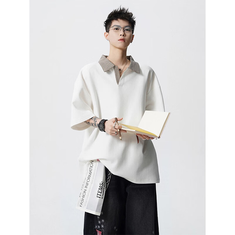 MONPOC美式千鸟格拼接polo衫短袖男款春夏季宽松翻领t恤衫MOT14白色3XL