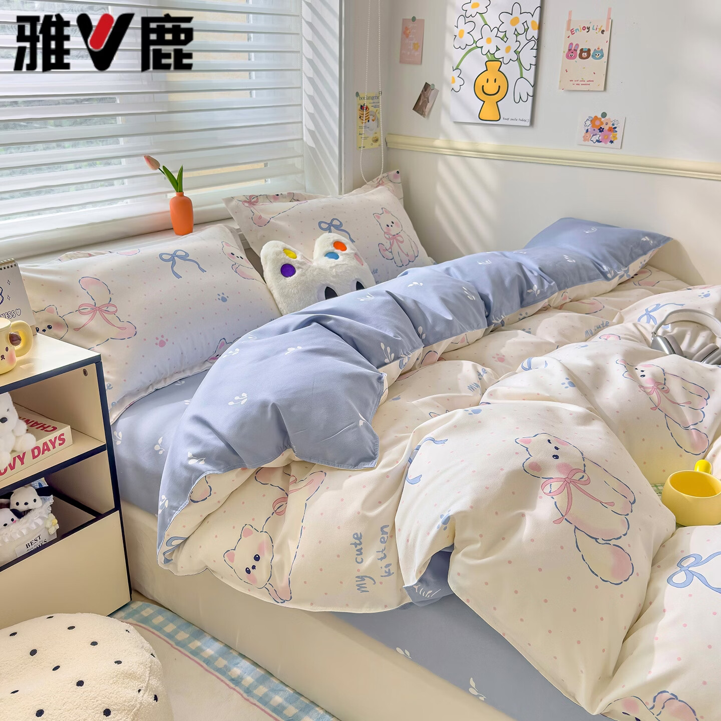 雅鹿春季卡通水洗棉床用品四件套床笠双人床单学生宿舍被套被罩三件套 嘟嘟猫 1.5m四件套 床单款 (被套150*200cm)
