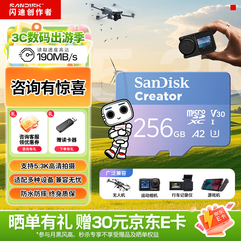 闪迪（SanDisk）创作者 闪迪内存卡TF卡 行车记录仪运动相机无人机监控存储卡 运动相机大疆pocket3内存卡 V30极速粉卡 256GB 官方标配