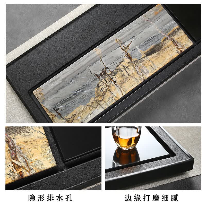 天然乌金石茶盘家用高端轻奢岩板办公茶台带排水石头功夫茶具 国悦国画乌金石 100.30进口材料