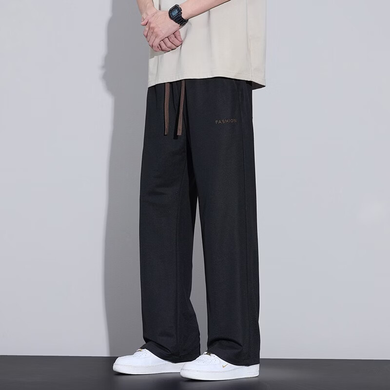 【专柜品质】休闲裤夏季薄款百搭宽松直筒裤透气舒适松紧腰垂感裤 黑色 2XL 建议145-165斤