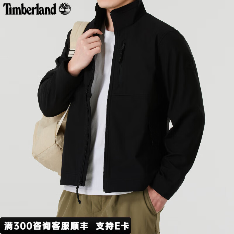Timberland添柏岚外套男春秋款户外运动冲锋上衣防风加绒保暖软壳夹克 黑色/防泼水/修身 L 180