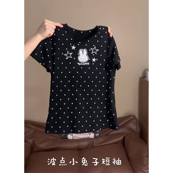 梵米兴满印波点可爱小兔短袖T恤女夏季日系宅萌软妹短款修身显瘦上衣潮 黑色刺绣【高品质棉】 XL 建议115-130斤