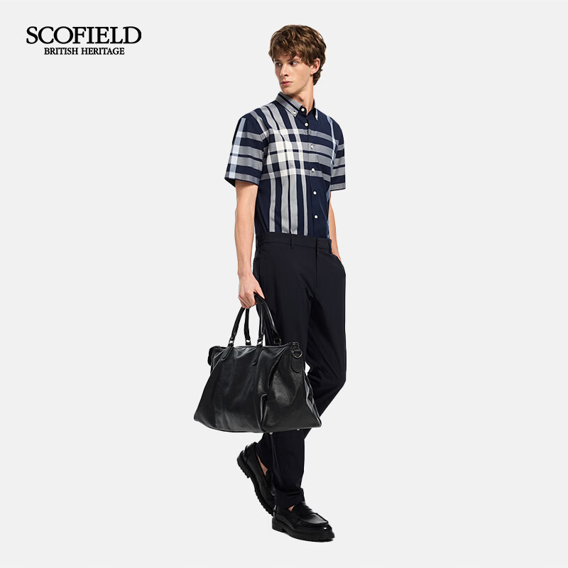 Scofield男装26年夏季新款100%翻领通勤休闲舒适格纹短袖衬衫男 藏青色 2XL (185)