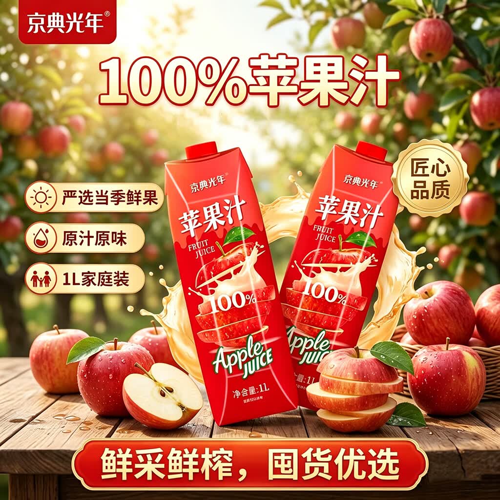 京典光年100%NFC苹果汁纯鲜榨果汁饮料0添加剂 100%鲜榨苹果汁1L*2瓶