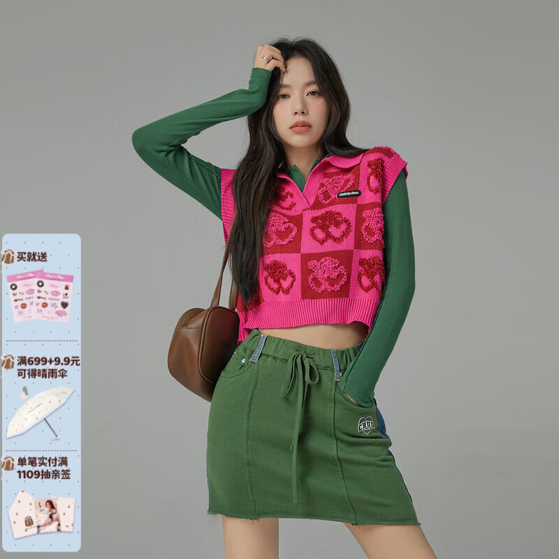 CHUU撞色樱桃无袖针织衫女冬季新款polo领宽松马甲背心上衣 玫粉 均码