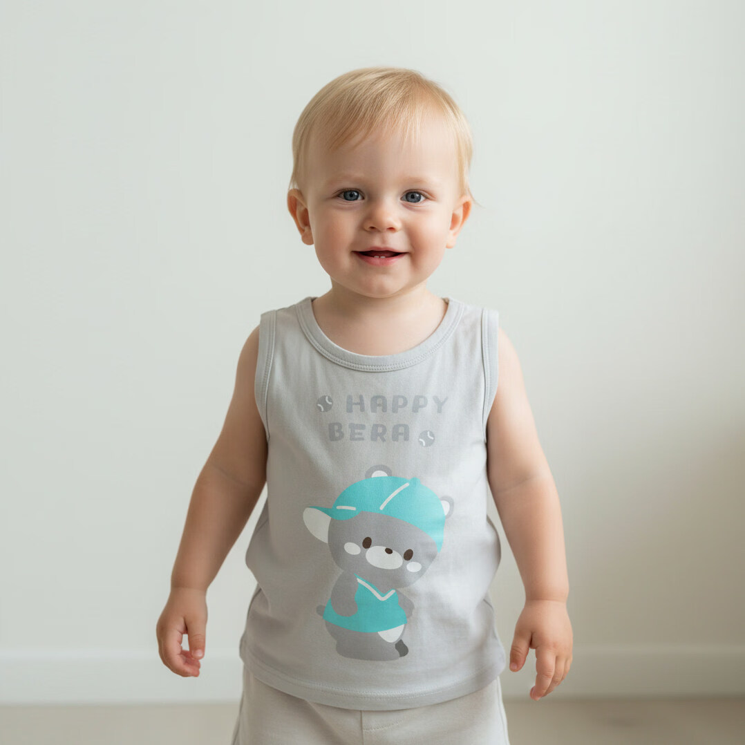 小猪大卫 PECODAVID婴儿背心夏男女宝宝薄款无袖上衣A类打底汗衫工字小背心 哈皮奶熊 100