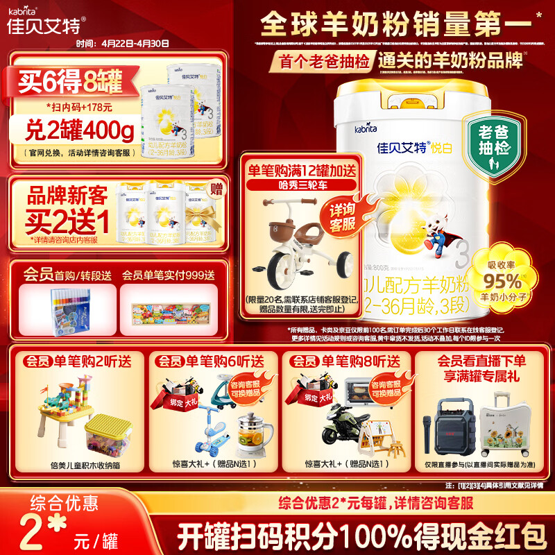 佳贝艾特（Kabrita）新悦白婴幼儿配方羊奶粉 3段(1-3岁)800克 天然A2蛋白