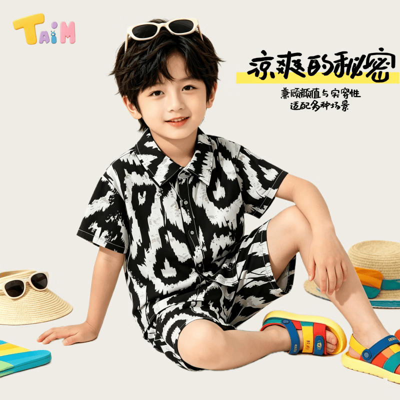 TAIM儿童套装新款韩版短袖短裤衬衫两件套海滩风宝宝衣服 衬衣套装鹦鹉树 80 cm