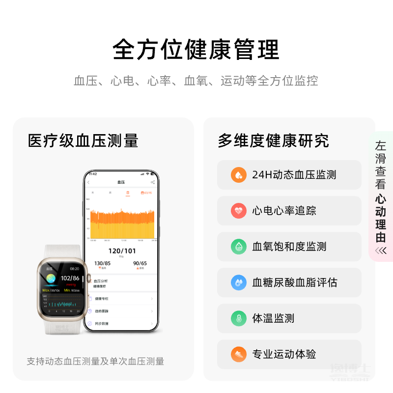 逸博士【医疗级】智能血压手表气泵式睡眠心率心电血糖血氧动态监测气囊腕部血压仪精准监测AI健康体检 砚池黑 官方至尊款