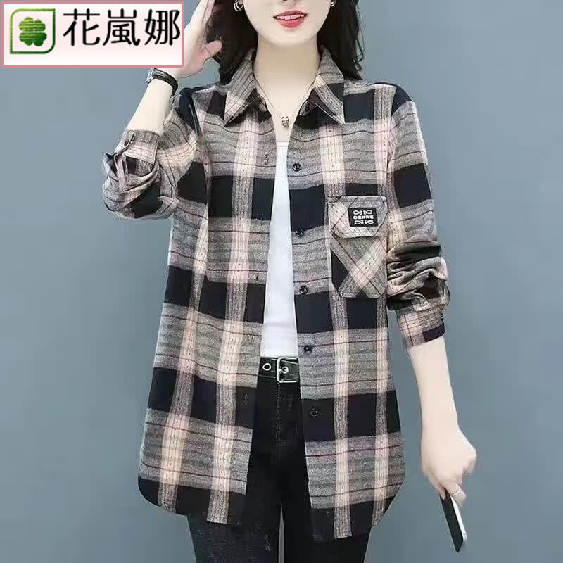 花岚娜纯棉春秋冬新款宽松显瘦格子衬衫女外搭洋气加绒衬衣春装百搭上衣 黑色 有袋盖 2XL 建议105-120斤