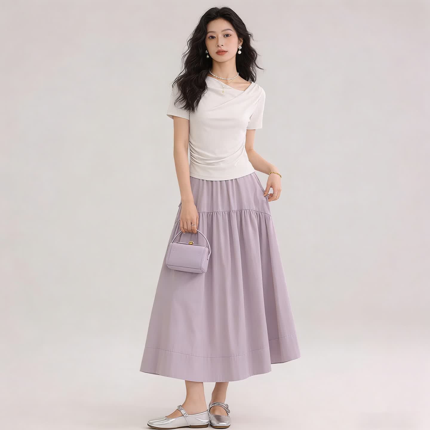 依凡芙夏季轻薄高腰A字伞裙女装新款时尚百搭拼接蛋糕裙遮肉显瘦半身裙 白色 M