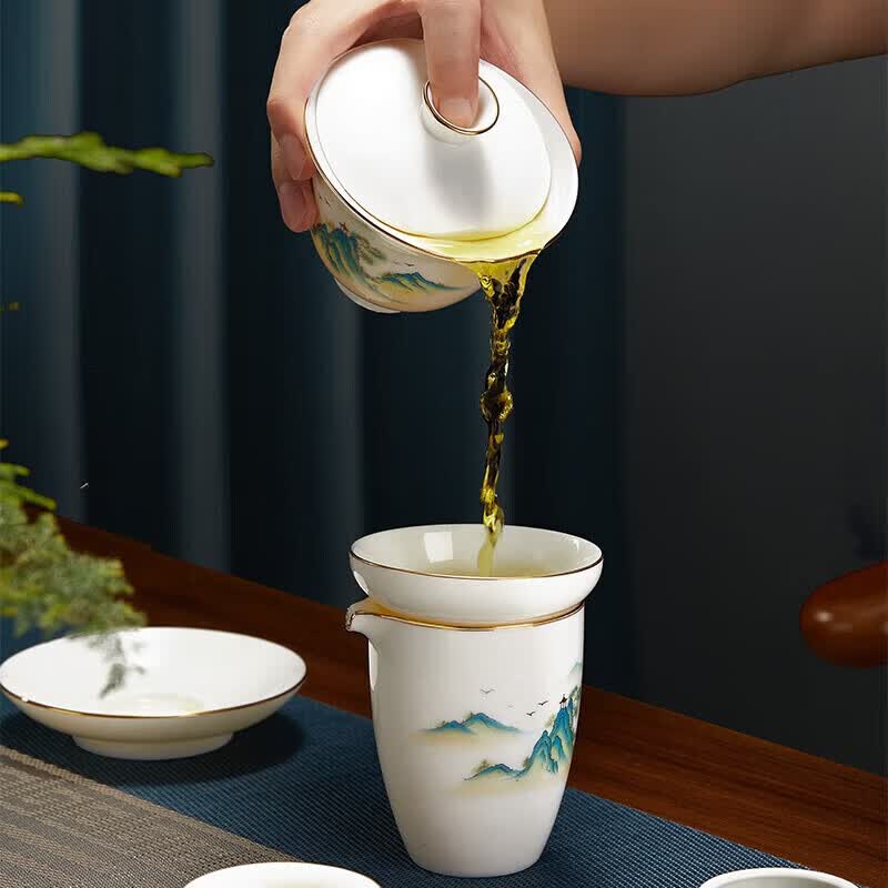 八千行功夫茶具整套盖碗套装羊脂玉陶瓷家用泡茶杯送爸爸生日礼物品乔迁 千里江山【描金礼盒装】15头大套组