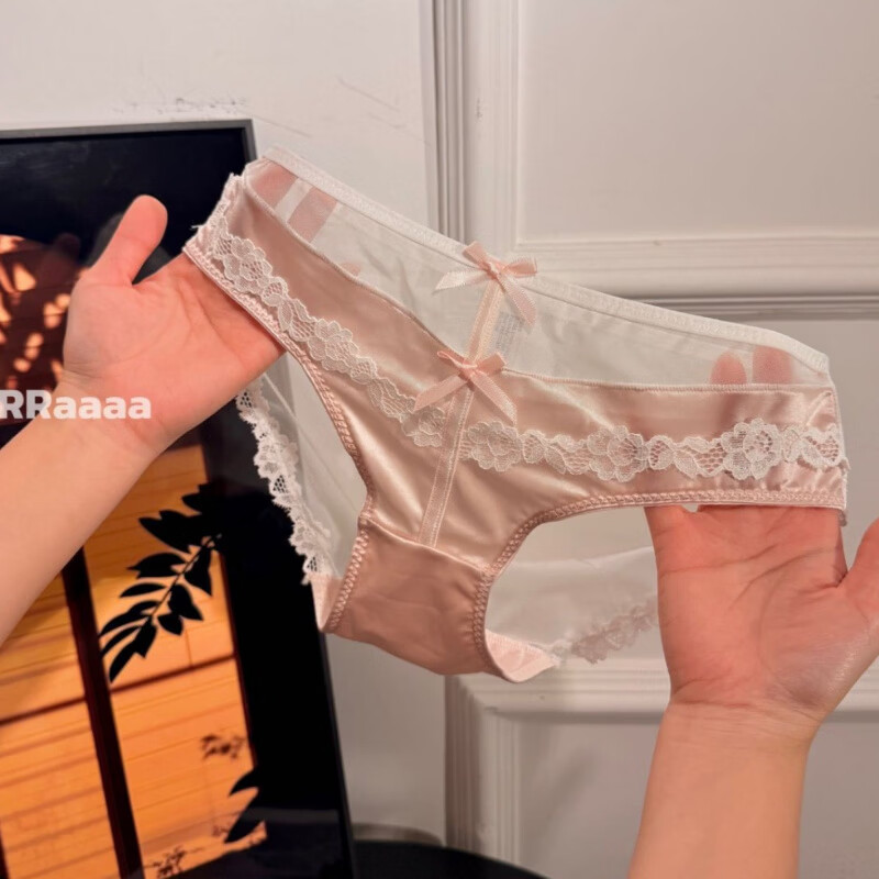 丝缎芭蕾 纯欲性感蝴蝶结缎面蕾丝内裤女低腰诱惑包臀透明三角裤 咖啡色 均码 (80-125斤)