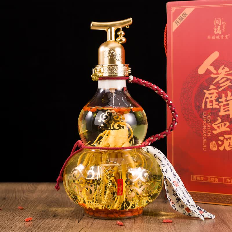 同福皖贡宣人参鹿茸血酒52度2500毫升整根人参枸杞葫芦玻璃瓶大坛礼盒装 52度 2500mL 1坛 52度2500毫升人参鹿茸血酒葫芦瓶礼盒装