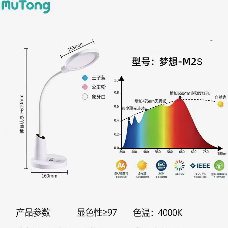 目瞳M2全光谱护眼台灯国AA级防蓝光无频闪儿童学生学习阅读专用灯 象牙白