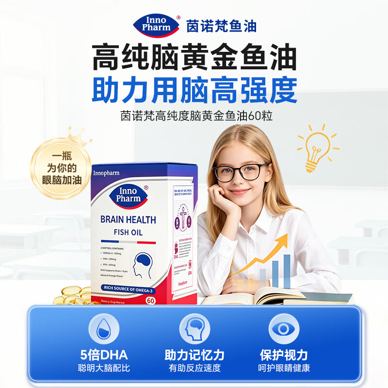 Innopharm茵诺梵95%深海鱼油DHA高纯度omega3补脑青少年增强记忆力学生备考 【囤货装】 60粒*6盒