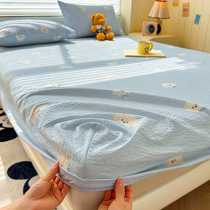 雅鹿A类双层纱床笠床罩单件席梦思床垫保护套罩宿舍全包床单四季通用 蓝色领结狗【A类面料 软糯松软】 150x200cm-单床笠
