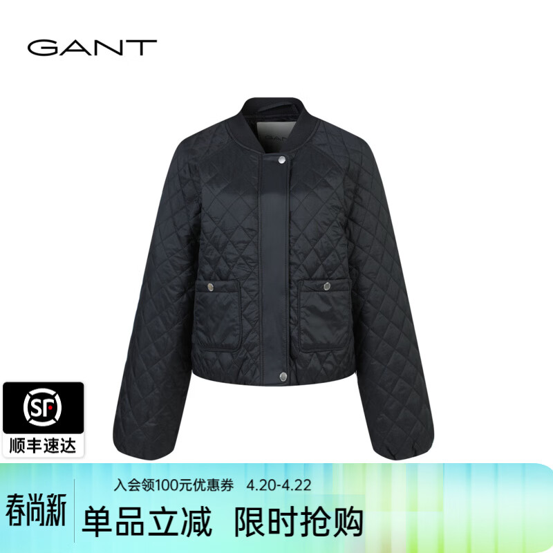 GANT/甘特2024冬季新款女士宽松简约纯色菱格休闲棒球领棉服外套 500-黑色 2XL