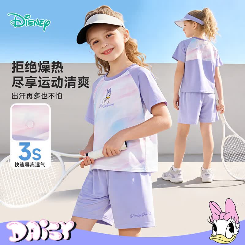 迪士尼（Disney）女童凉感透气渐变休闲运动套装短袖短裤两件套户外棒球儿童套装 渐变紫 160 (建议12-14岁身高150-160cm)