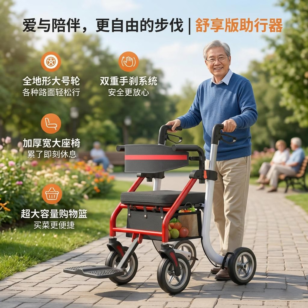 康倍星老人助行器康复拐杖助步器走路防摔辅助行走器车老年人四角拐棍K9 【升级款】可当轮椅+购物手推车+可推行可坐K9