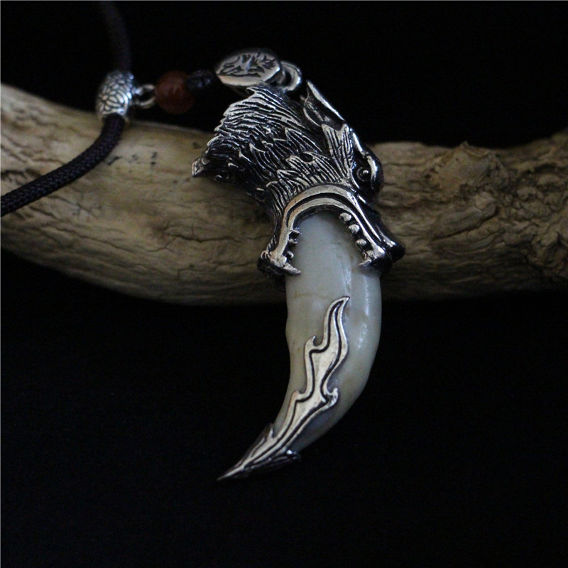 飞鹅 狼牙形吊坠 包银藏银套藏獒牙齿项链 男女士真牙黑狗牙挂件 精工