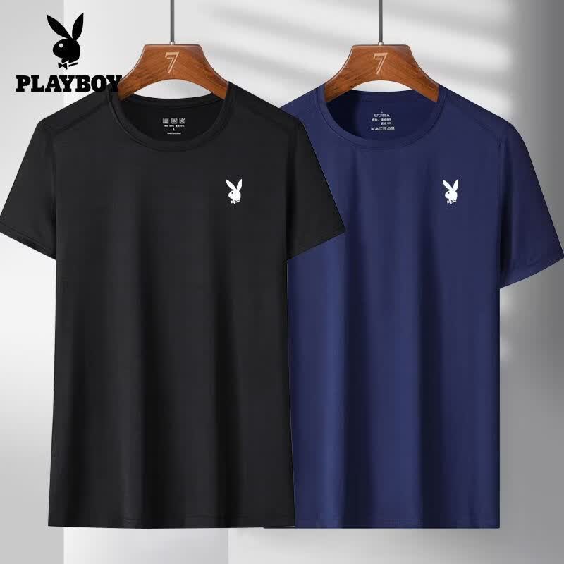 花花公子(PLAYBOY)冰丝男士短袖夏季新款速干t恤宽松健身上衣休闲透气衣服 白色+黑色 M 85-110斤