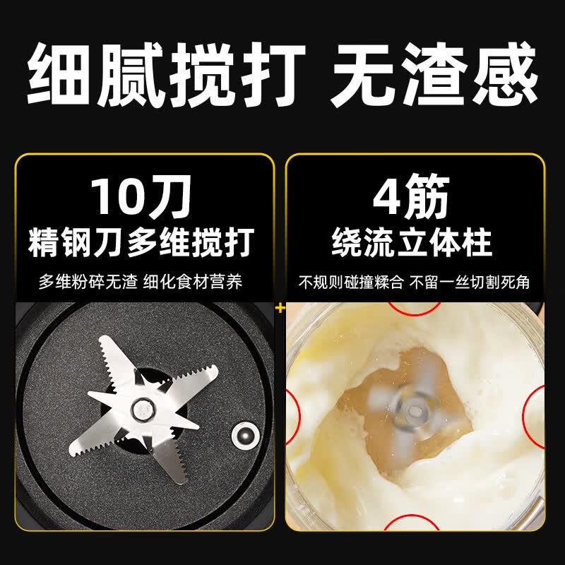 罗娅豆浆机破壁机1.2L家用2-3人料理机多功能全自动免煮免过滤降噪静低音小型米糊机流食机 10叶刀头 1.2L