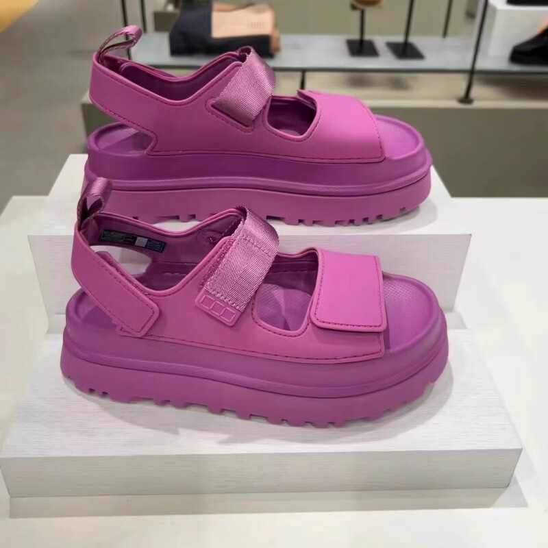 UGG EVERSHEEPSKINS2026新款夏季女士一字带炫金魔术贴厚底凉鞋时尚女鞋外穿沙滩拖鞋 UGG同款石英粉 39