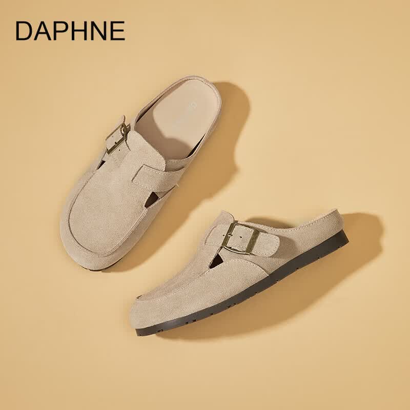 DAPHNE达芙妮牛皮复古文艺风圆头搭扣深口单鞋女2026年春季新款休闲厚度勃肯鞋 卡其色 40
