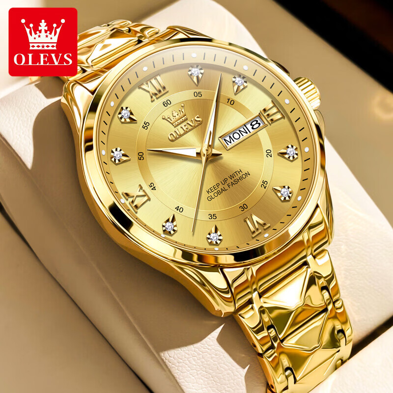 欧利时（OLEVS）瑞士认证手表男石英表品牌十大名表2026新款日历商务高端男士手表 典藏版2906钢带全金男 免费刻字 终身质保