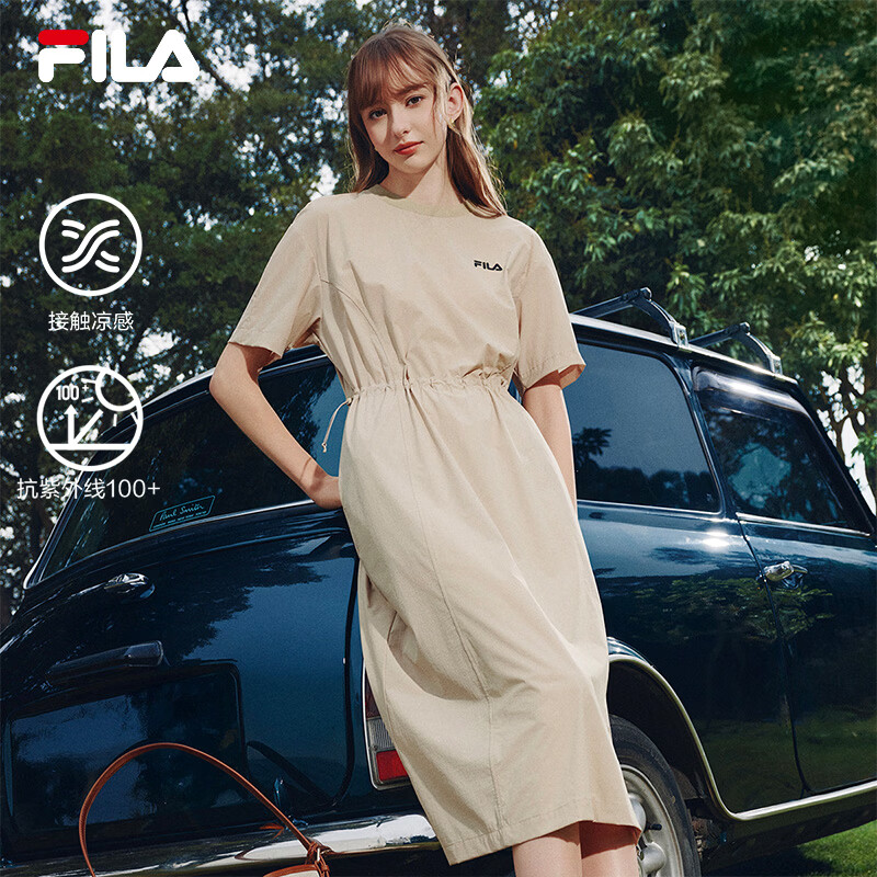 FILA斐乐梭织连衣裙女2026夏季新款休闲通勤简约显瘦长裙T恤裙子 燕麦卡-DK M 165/84A/M