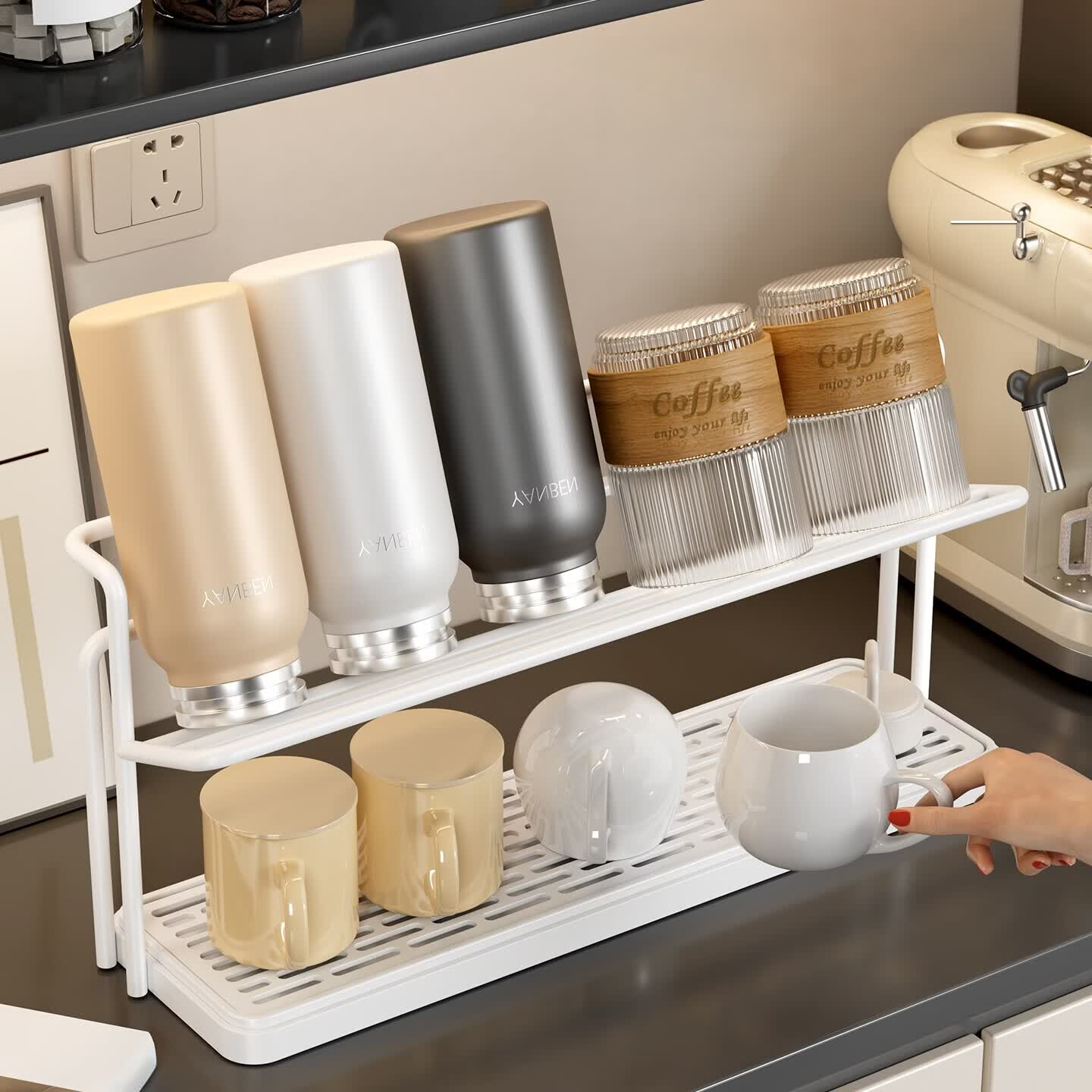 艾仕可（ASCOR）杯架双层沥水托盘架厨房餐桌台面玻璃杯子茶杯咖啡杯子收纳置物架 【黑色】双层沥水杯架