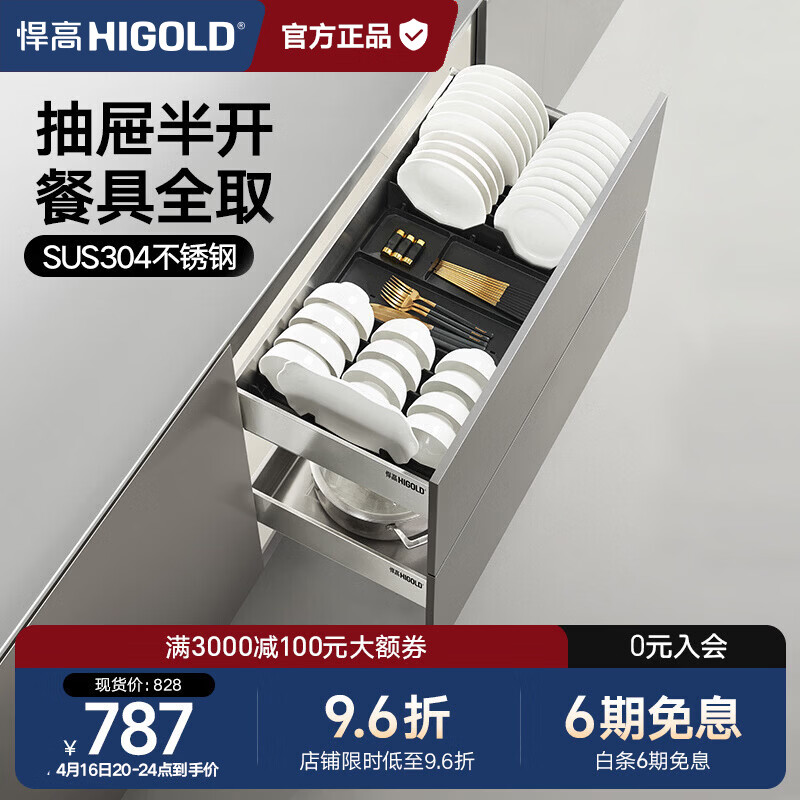 悍高（HIGOLD）厨房橱柜拉篮抽屉式304不锈钢碗碟拉篮碗架双层碗篮 800柜PDL2.0套装-可放鱼碟